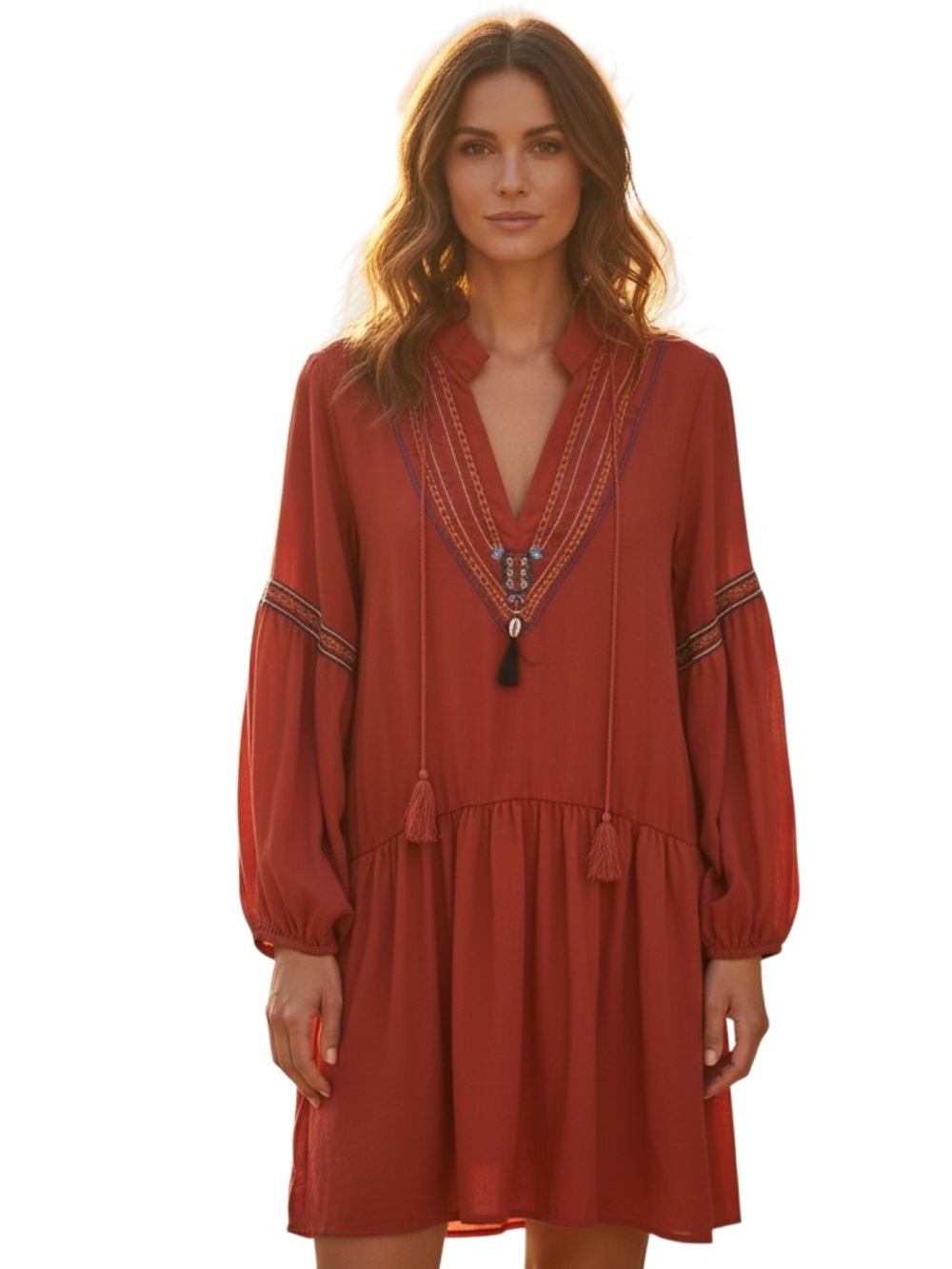Rust Embroidered V-Neck Peasant Dress - Women's
